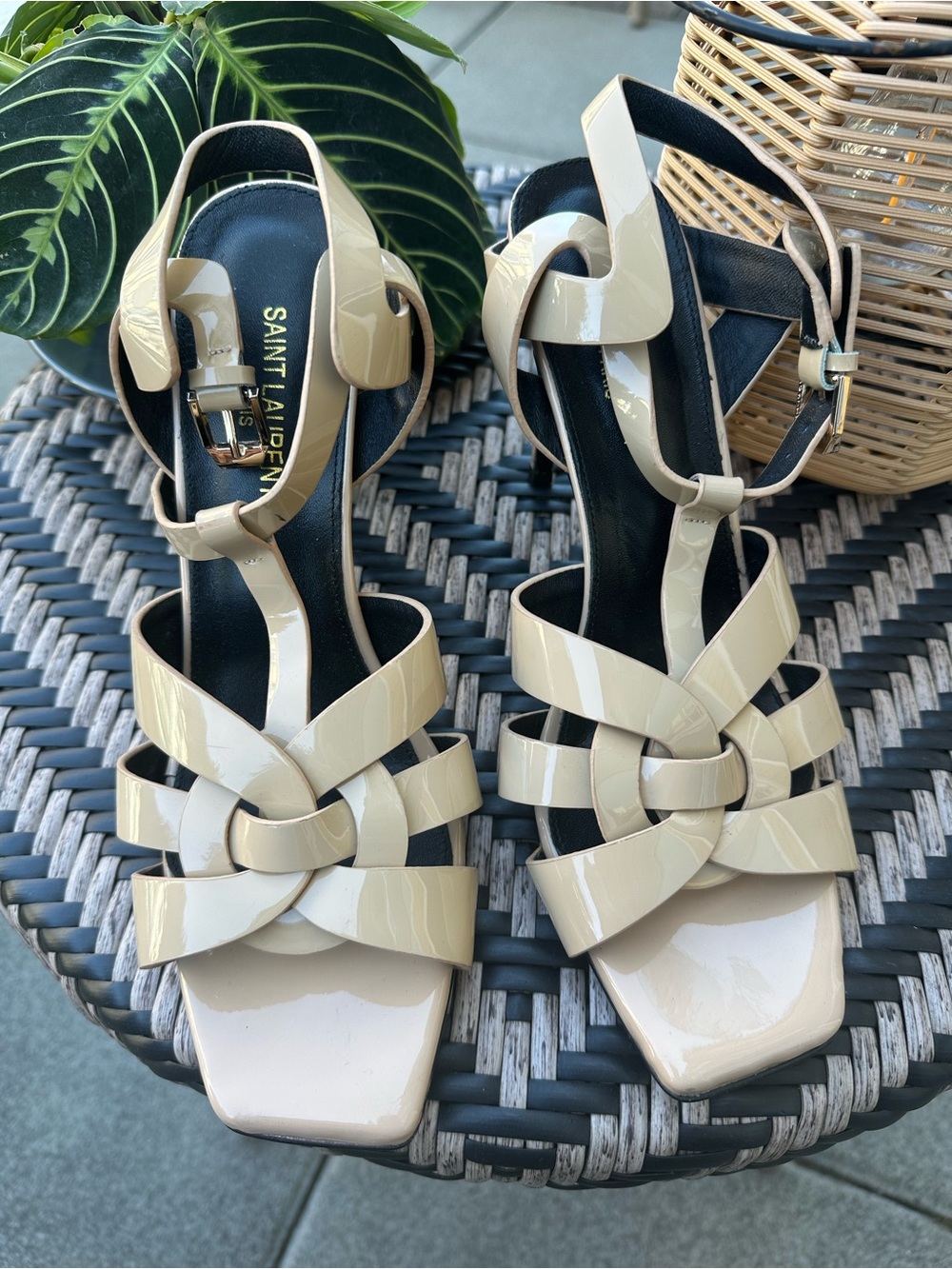 Saint Laurent Beige Patent Leather Woven T-Strap Sandals